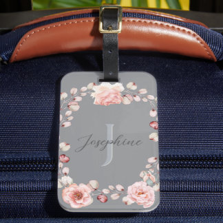 Étiquette À Bagage Rose d'aquarelle Wreath personnalisée | Gray