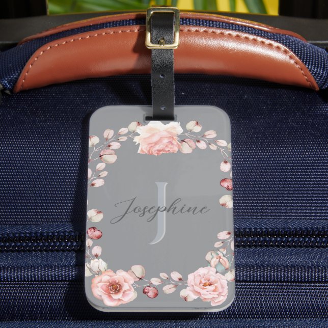 Étiquette À Bagage Rose d'aquarelle Wreath personnalisée | Gray (Insitu Rectoal 2)
