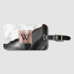 Étiquette À Bagage Rose en or et marbre blanc avec agate noire et mon
