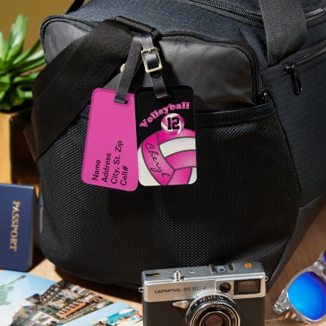 Étiquette À Bagage Rose et blanc avec Volley-ball sportif noir (Recto & Verso)