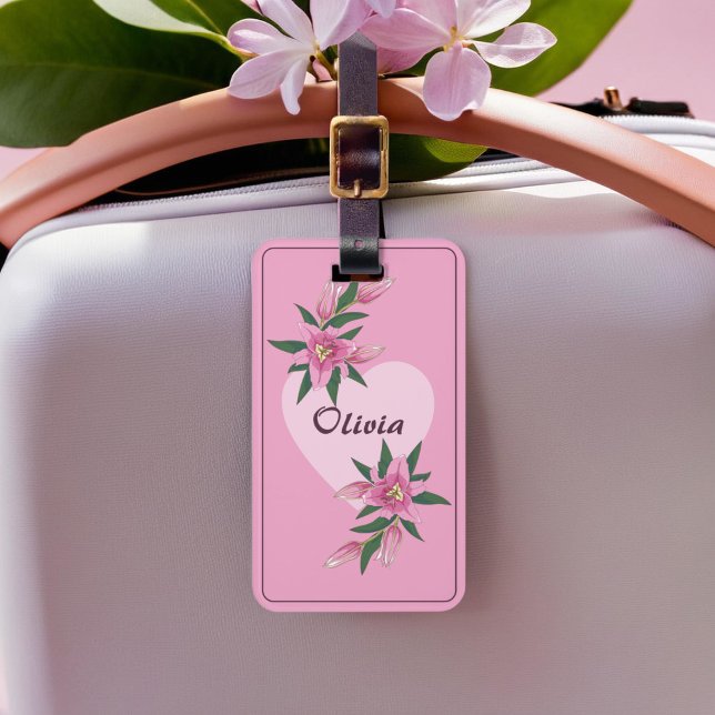 Étiquette À Bagage Rose Fleur Lily Coeur doux (Pink Blooming Lily Sweet Heart Luggage Tag)