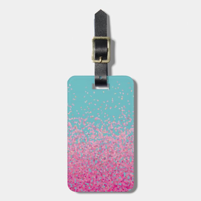 Étiquette À Bagage Rose Girly et bleu de confettis abstraits (Devant Vertical)