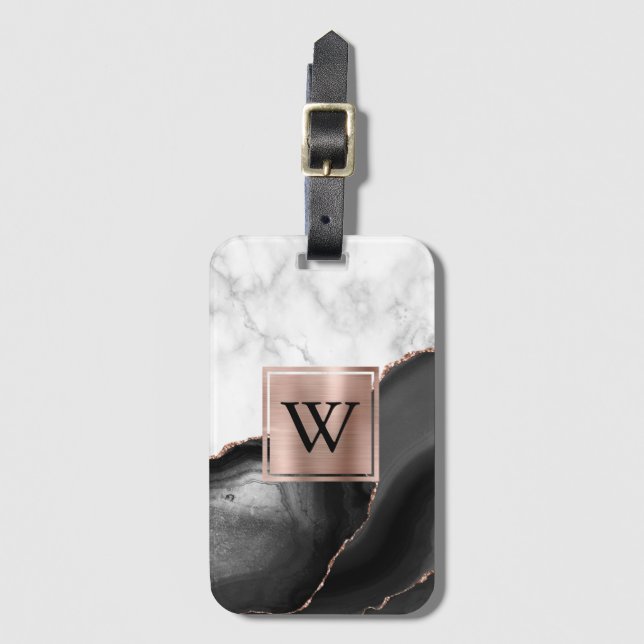 Étiquette À Bagage Rose Gold Blanc Marbre Monogramme Agate Noir (Devant Vertical)