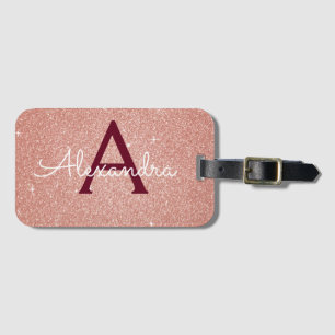 Étiquette À Bagage Rose Gold Burgundy Monogramme Pailletée Rose Clair
