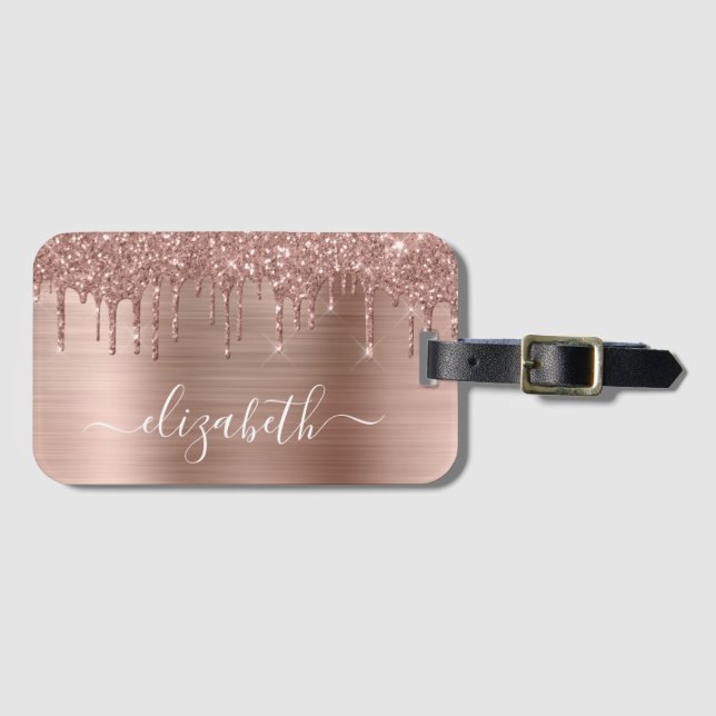 Étiquette À Bagage Rose Gold Dripping Glitter Personalized (Devant Horizontal)