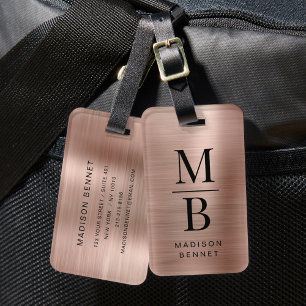 Étiquette À Bagage Rose Gold Élégant Monogrammé Métal Brossé