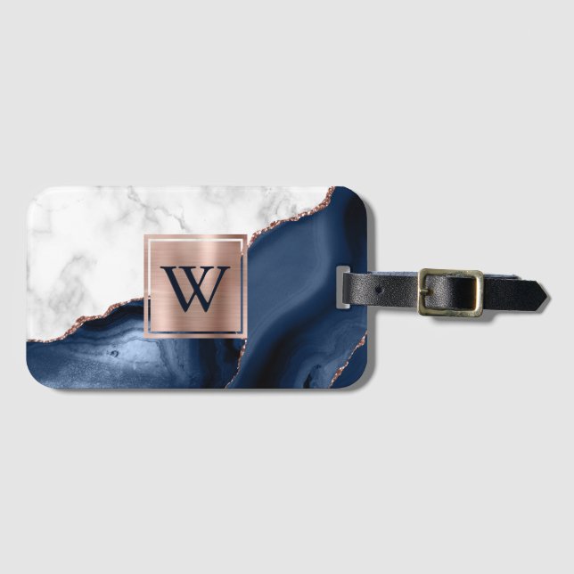 Étiquette À Bagage Rose Gold et Marbre Blanc Agate Bleu Marine Monogr (Devant Horizontal)