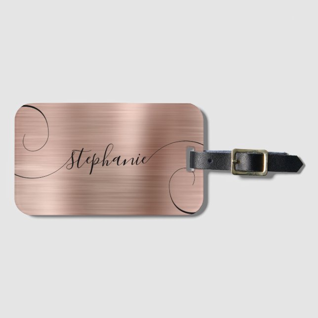 Étiquette À Bagage Rose Gold Feuille Élégante Nom Script Bouclé (Devant Horizontal)