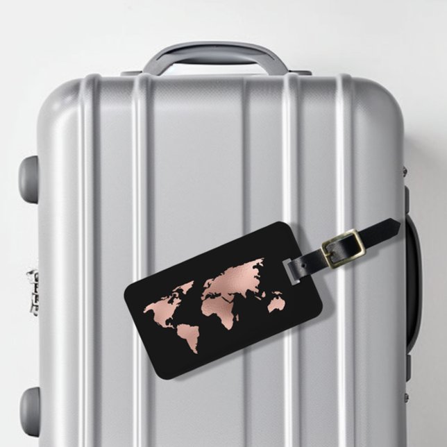 Étiquette À Bagage Rose Gold Foil Metallic World Map Bagages (Créateur téléchargé)