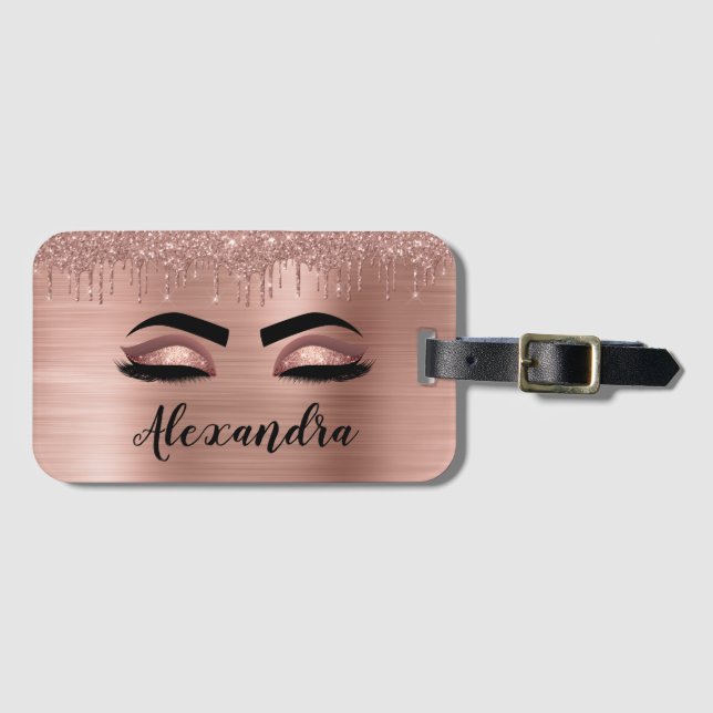 Étiquette À Bagage Rose Gold Glitter Sparkle Eyelashes Monogram (Devant Horizontal)