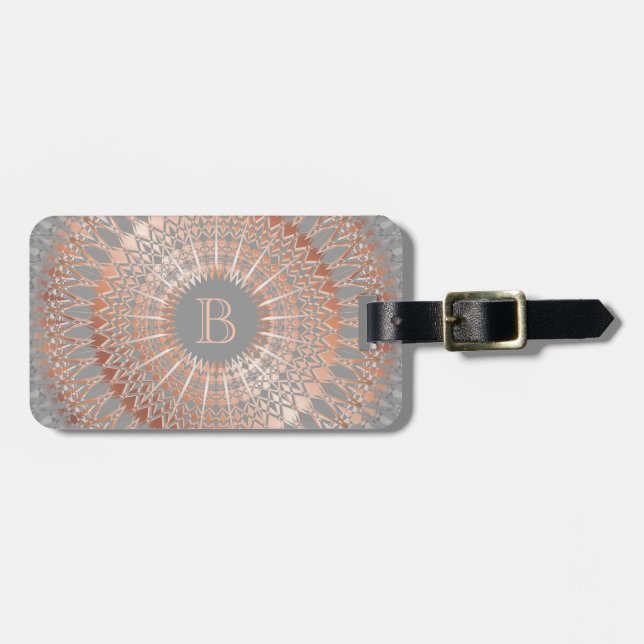 Étiquette À Bagage Rose Gold  Gris Mandala Monogramme (Devant horizontal)
