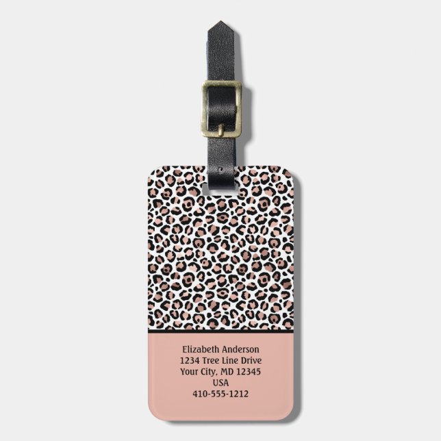 Étiquette À Bagage Rose Gold Imprimé Léopard Noir Blush RoseTendance (Devant Vertical)