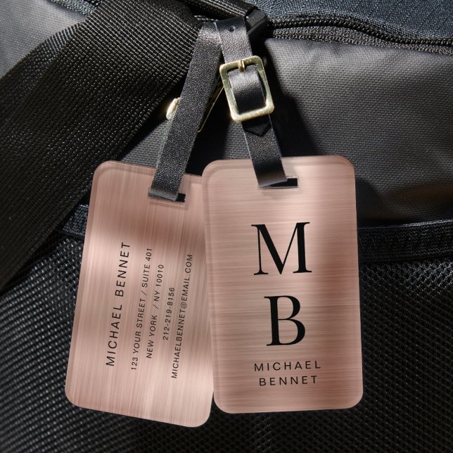 Étiquette À Bagage Rose Gold Monogramme Élégant (Elegant Monogram Rose Gold Luggage Tag)