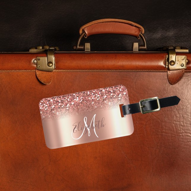 Étiquette À Bagage Rose Gold Ombre Parties scintillant métal Monogram (Créateur téléchargé)