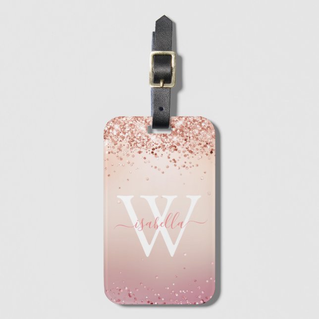 Étiquette À Bagage Rose Gold Pailleté Élégant Nom de Script Monogramm (Devant Vertical)