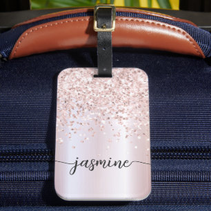 Étiquette À Bagage Rose Gold Pailleté Monogramme Nom Script Féminin
