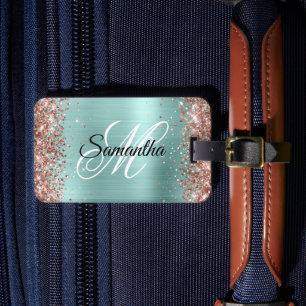 Étiquette À Bagage Rose Gold Pailleté Turquoise Clair Monogramme Fant