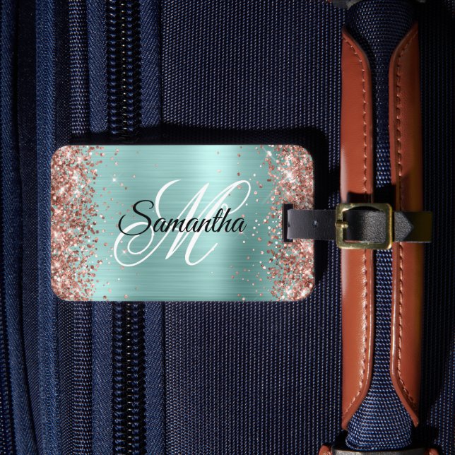 Étiquette À Bagage Rose Gold Pailleté Turquoise Clair Monogramme Fant (Insitu Rectoal 4)