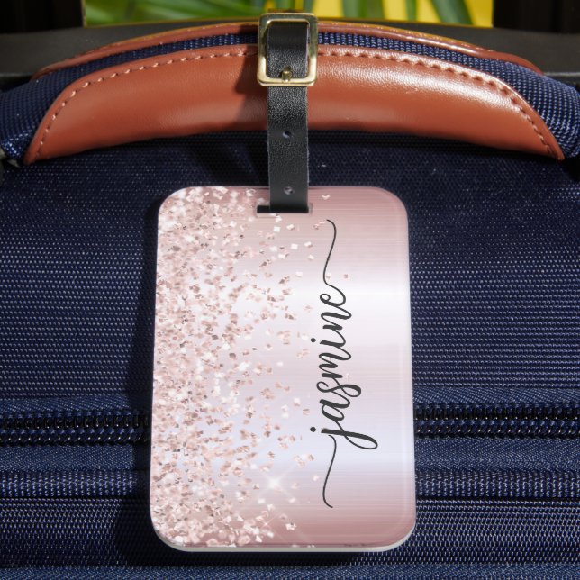 Étiquette À Bagage Rose Gold Paillette Métal Féminin Monogramme Nom S (Insitu Rectoal 2)