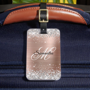 Étiquette À Bagage Rose Gold Paillettes Argent Monogramme Fantaisie