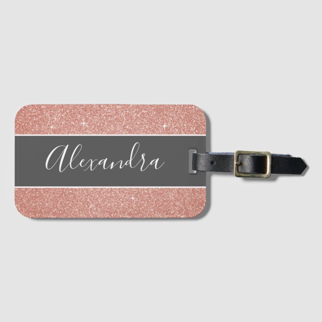 Étiquette À Bagage Rose Gold Paillettes Monogramme Nom (Devant Horizontal)