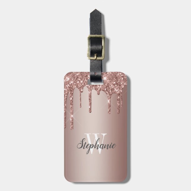Étiquette À Bagage Rose Gold Paillettes Monogramme Vertical (Devant Vertical)