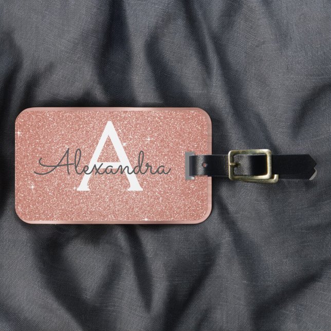 Étiquette À Bagage Rose Gold Pink Sparkle Glitter Monogram Nom (Créateur téléchargé)