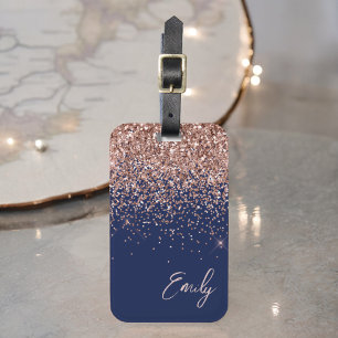 Étiquette À Bagage Rose Gold Poudré Bleu Marine Monogramme Pailleté