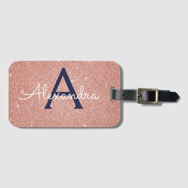 Étiquette À Bagage Rose Gold Rose Clair Navy Bleu Paillettes Monogram (Devant Horizontal)