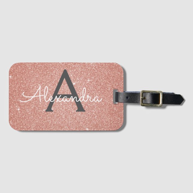 Étiquette À Bagage Rose Gold Rose Pailletée Monogramme Nom (Devant Horizontal)