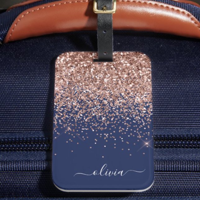 Étiquette À Bagage Rose Gold Rose Pâle Paillettes Navy Monogramme (Créateur téléchargé)
