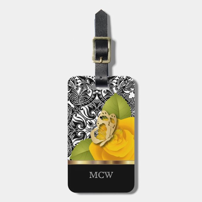 Étiquette À Bagage Rose jaune Design floral | Monogramme (Devant Vertical)