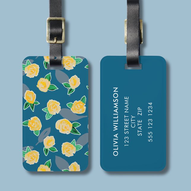 Étiquette À Bagage Rose jaune florale botanique  (Yellow rose floral botanical print luggage tag)