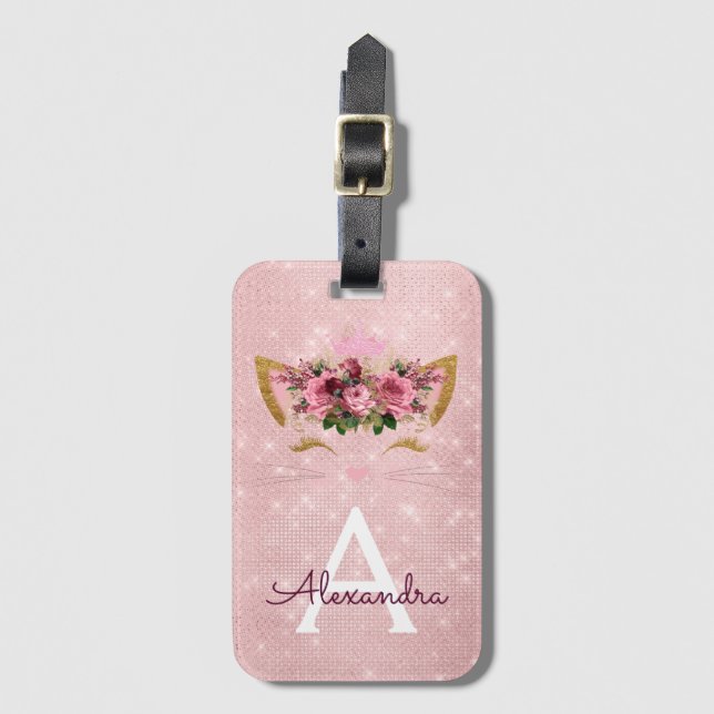 Étiquette À Bagage Rose Kitty Sparkle Princess Monogramme Nom (Devant Vertical)