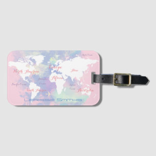 Étiquette À Bagage rose lilac aquarelle carte mondiale voyage