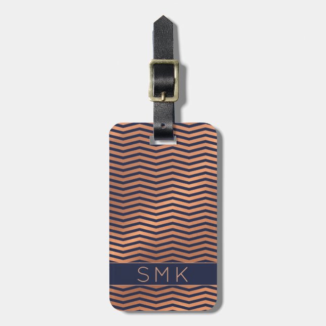 Étiquette À Bagage Rose moderne Gold Foil Marine Blue Chevron Monogra (Devant Vertical)