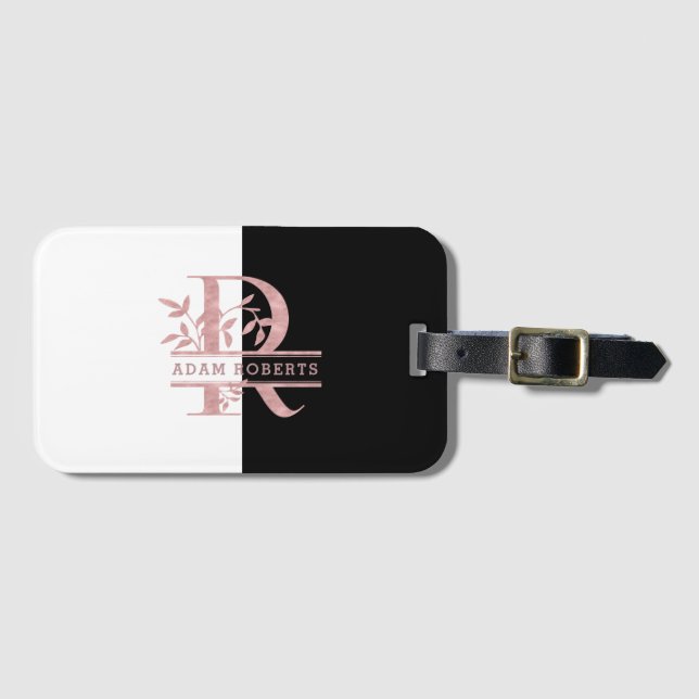 Étiquette À Bagage Rose moderne Gold Split Monogramme personnalisé R (Devant Horizontal)