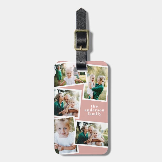 Étiquette À Bagage Rose moderne rose multi photo famille élégant cade (Devant Vertical)