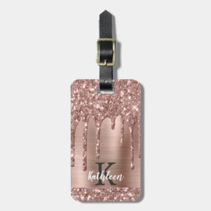 Étiquette À Bagage Rose monogramme Parties scintillant d'or sur métal