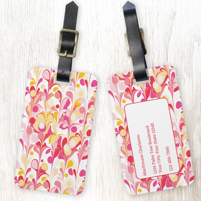 Étiquette À Bagage Rose Motif Abstrait (Pink, peach and red marble abstract personalized luggage tag)