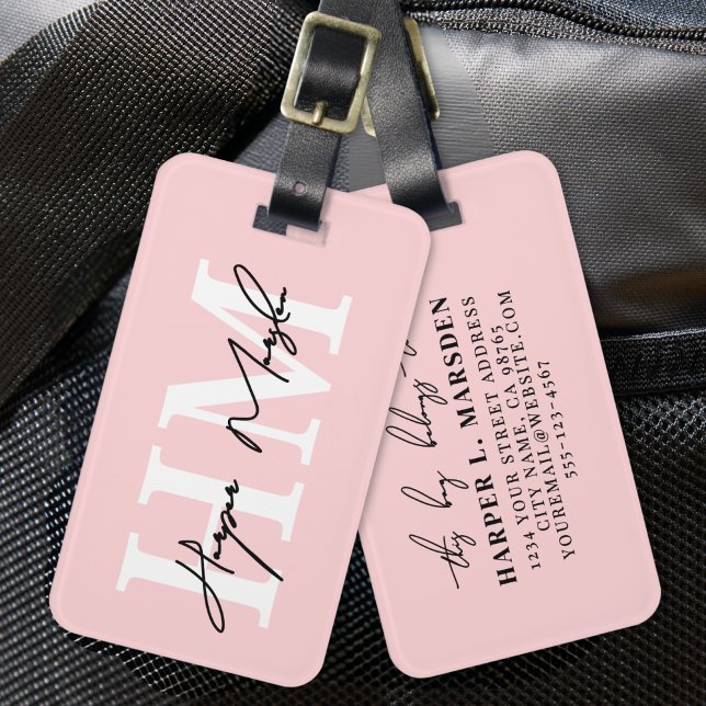 Étiquette À Bagage Rose Pâle Monogramme Mignon (Blush Pink Elegant Girly Monogram Name Luggage Tag)