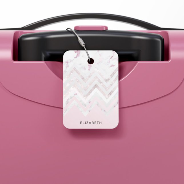 Étiquette À Bagage Rose Parties scintillant or Chevron Pink Marble Mo (Créateur téléchargé)
