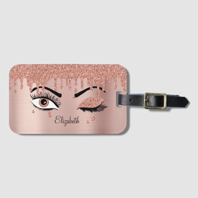 Étiquette À Bagage Rose Pink Gold Eyelashes Dripping Glitter (Devant Horizontal)