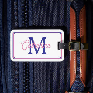 Étiquette À Bagage Rose Prépa et Bleu Marine Monogramme Simple