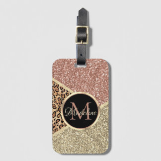 Étiquette À Bagage Rose rayé Parties scintillant d'or Nom du monogram