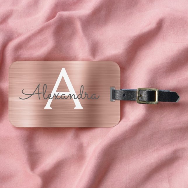 Étiquette À Bagage Rose Rose Or Brossé Script Métal Monogramme mou (Créateur téléchargé)