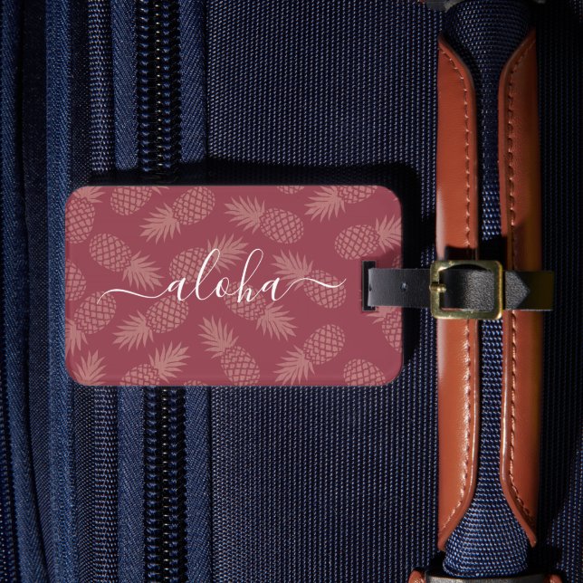 Étiquette À Bagage Rose rose Tropical Ananas Motif Aloha Script (Insitu Rectoal 4)