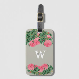 Étiquette À Bagage Rose rose vintage sur monogramme gris