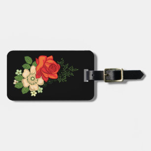 Étiquette À Bagage Rose rouge et marguerites sur fond noir