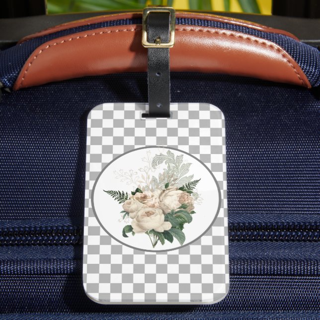 Étiquette À Bagage Roses blanches vintage à damier  (Insitu Rectoal 2)